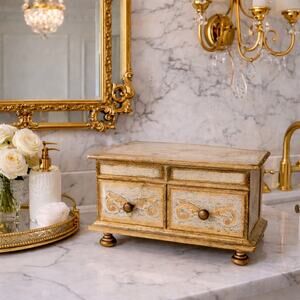 Vintage Wooden Jewelry Music Box with Mirror | Hand-Painted Floral Trinket Box